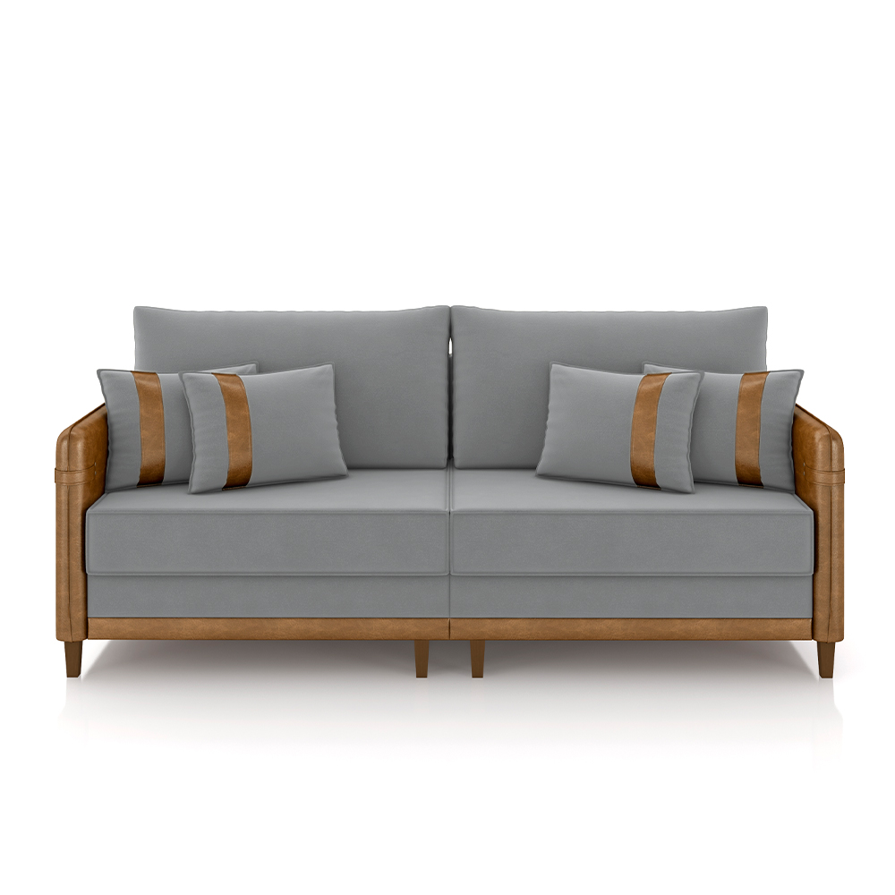 Sofá Living Montecarlo 3 Lugares Bipartido 232cm Pés em Madeira Veludo/PU Cinza/Caramelo G33 - Gran Belo