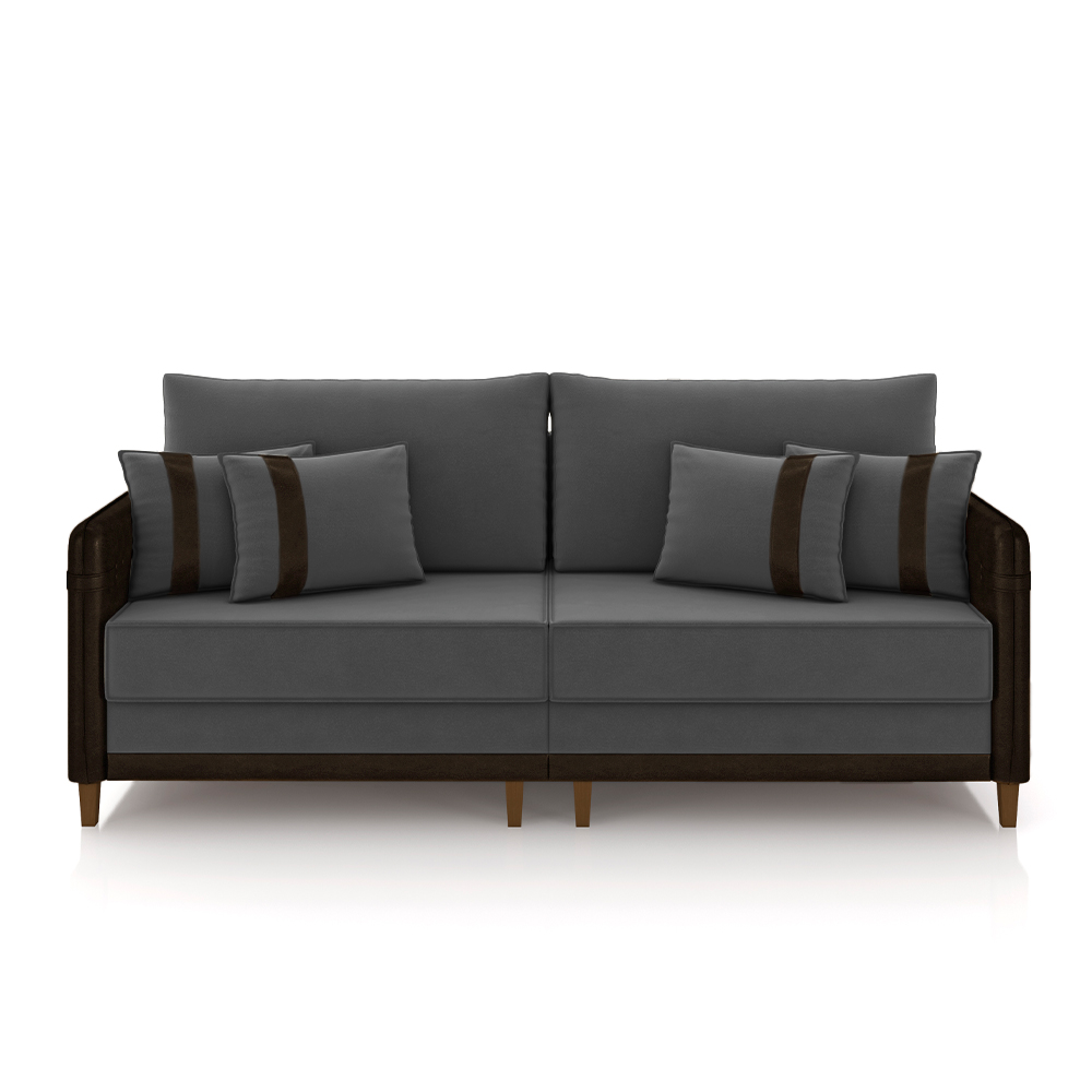 Sofá Living Montecarlo 3 Lugares Bipartido 232cm Pés em Madeira Veludo/PU Grafite/Marrom G33 - Gran Belo