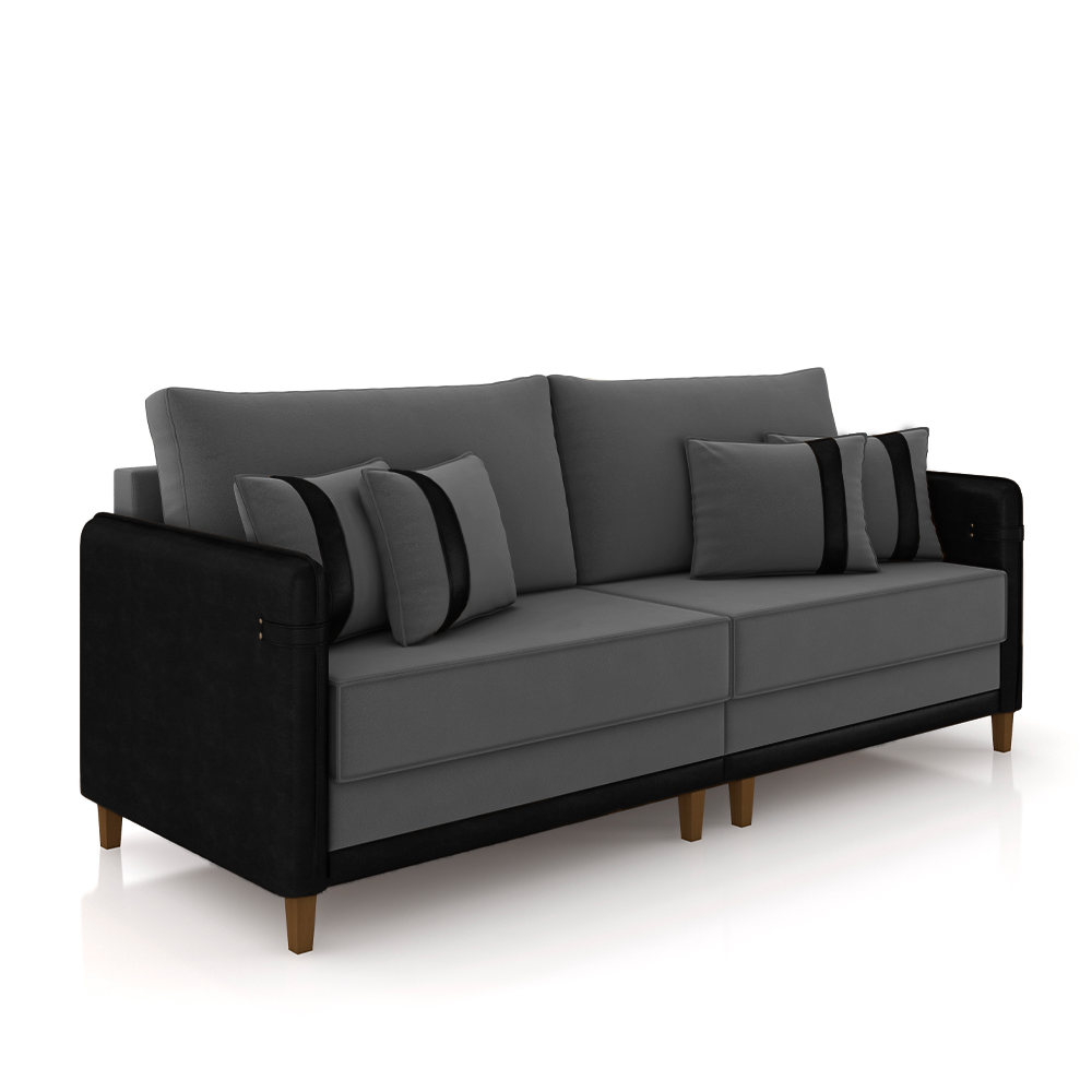 Sofá Living Montecarlo 3 Lugares Bipartido 232cm Pés em Madeira Veludo/PU Grafite/Preto G33 - Gran Belo