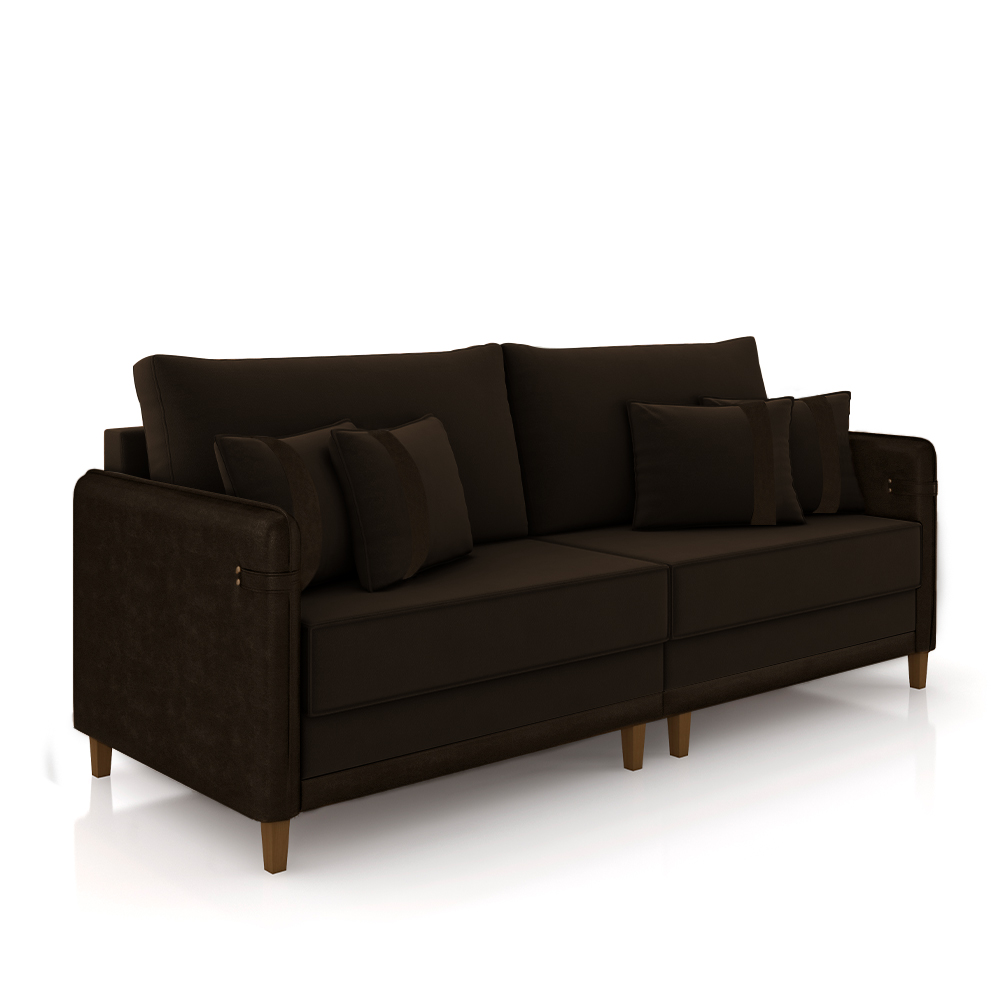 Sofá Living Montecarlo 3 Lugares Bipartido 232cm Pés em Madeira Veludo/PU Marrom G33 - Gran Belo