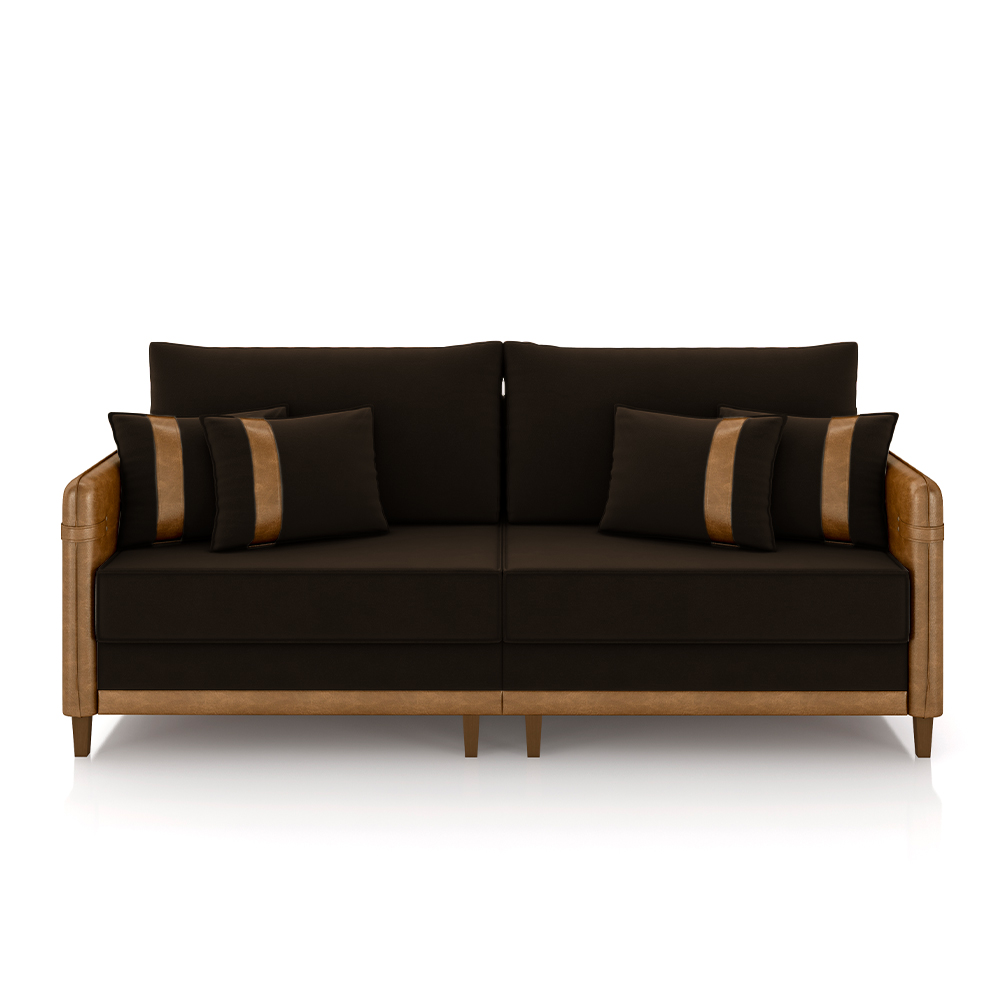 Sofá Living Montecarlo 3 Lugares Bipartido 232cm Pés em Madeira Veludo/PU Marrom/Caramelo G33 - Gran Belo