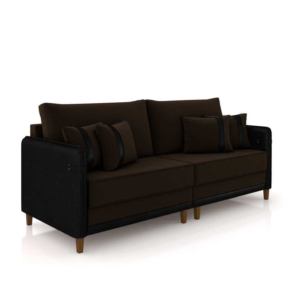 Sofá Living Montecarlo 3 Lugares Bipartido 232cm Pés em Madeira Veludo/PU Marrom/Preto G33 - Gran Belo