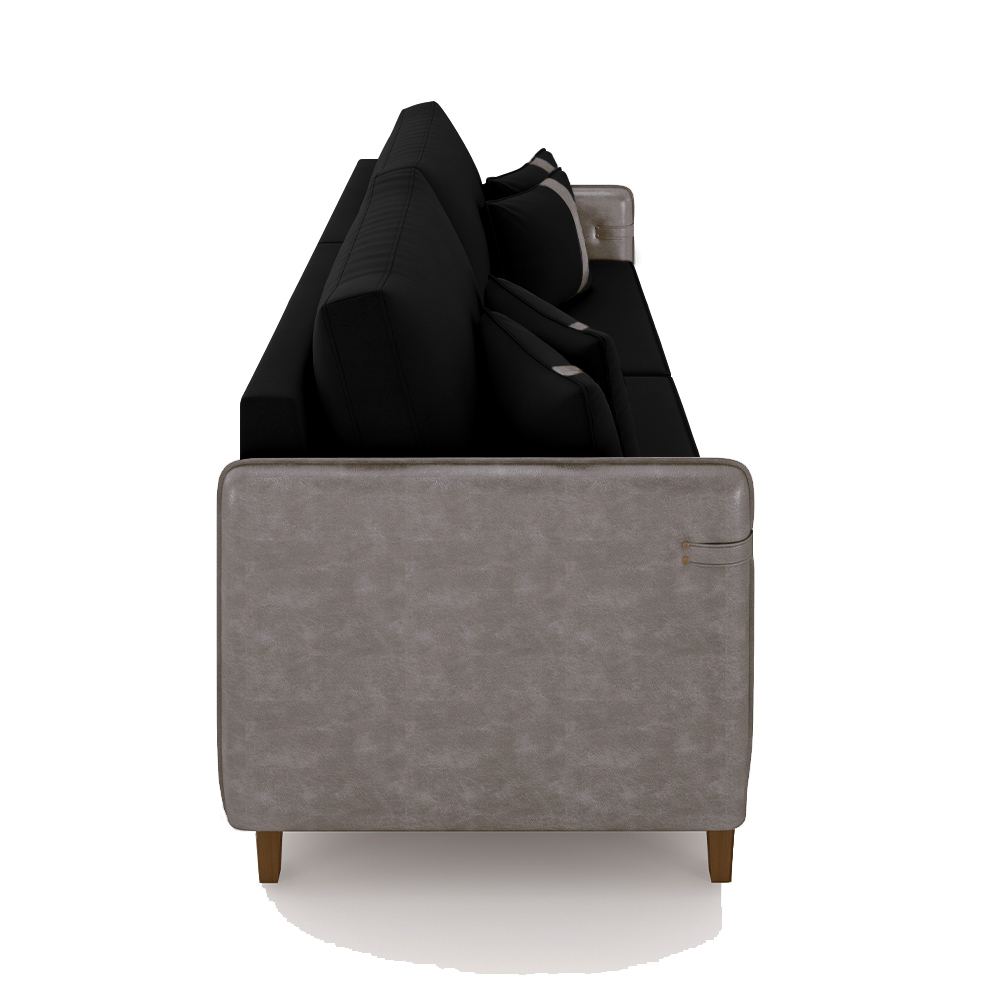 Sofá Living Montecarlo 3 Lugares Bipartido 232cm Pés em Madeira Veludo/PU Preto/Cinza G33 - Gran Belo