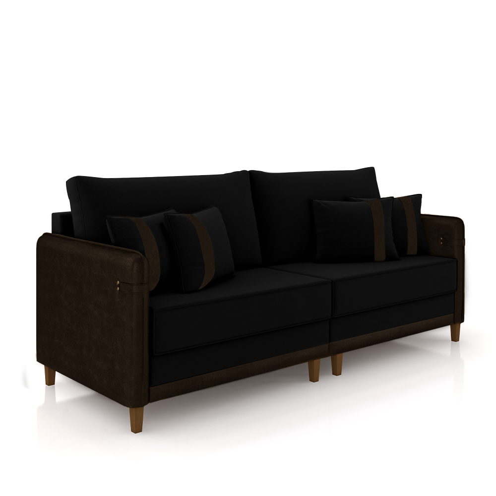 Sofá Living Montecarlo 3 Lugares Bipartido 232cm Pés em Madeira Veludo/PU Preto/Marrom G33 - Gran Belo