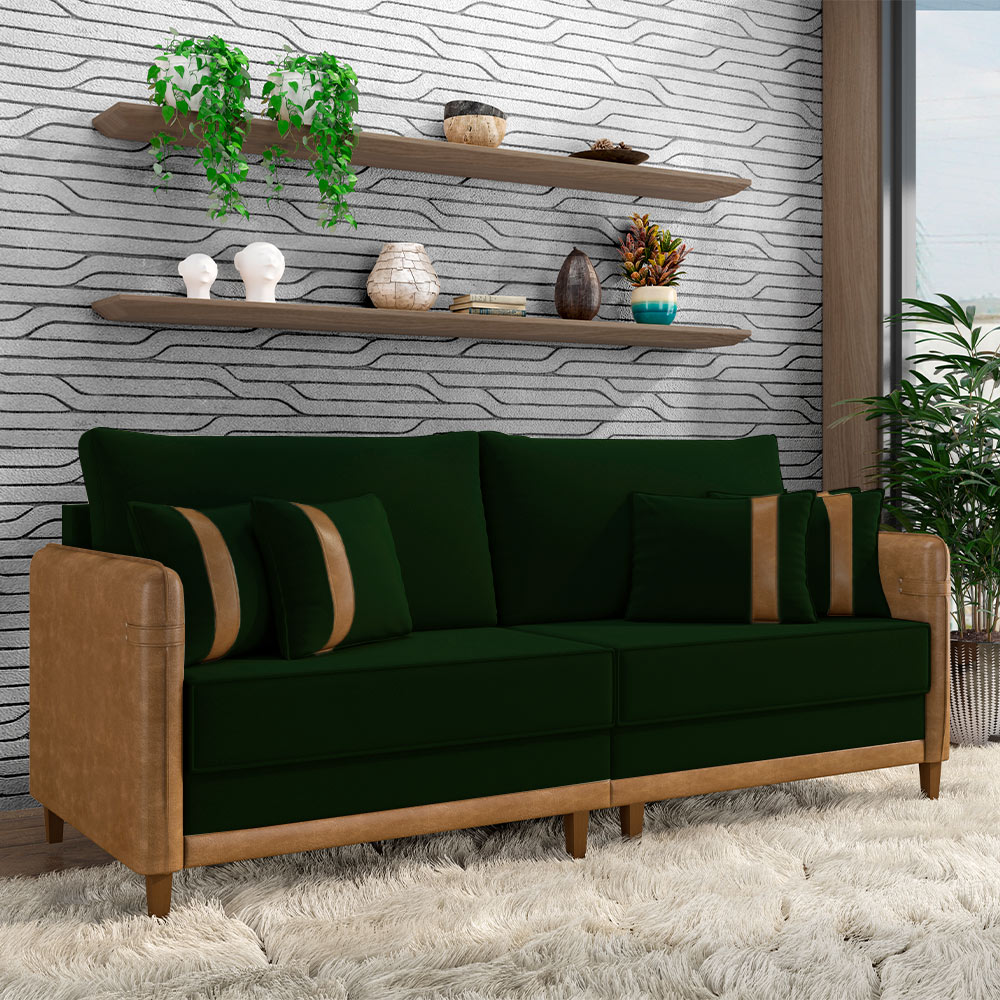 Sofá Living Montecarlo 3 Lugares Bipartido 232cm Pés em Madeira Veludo/PU Verde/Caramelo G33 - Gran Belo