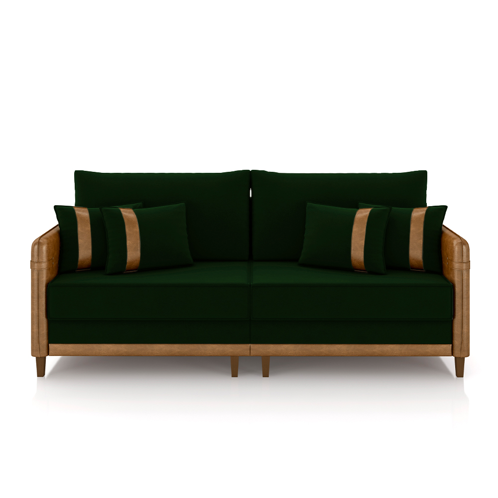 Sofá Living Montecarlo 3 Lugares Bipartido 232cm Pés em Madeira Veludo/PU Verde/Caramelo G33 - Gran Belo