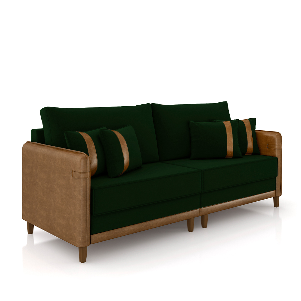Sofá Living Montecarlo 3 Lugares Bipartido 232cm Pés em Madeira Veludo/PU Verde/Caramelo G33 - Gran Belo