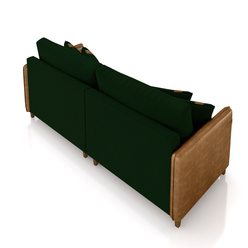 Sofá Living Montecarlo 3 Lugares Bipartido 232cm Pés em Madeira Veludo/PU Verde/Caramelo G33 - Gran Belo