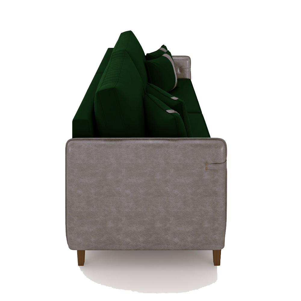 Sofá Living Montecarlo 3 Lugares Bipartido 232cm Pés em Madeira Veludo/PU Verde/Cinza G33 - Gran Belo