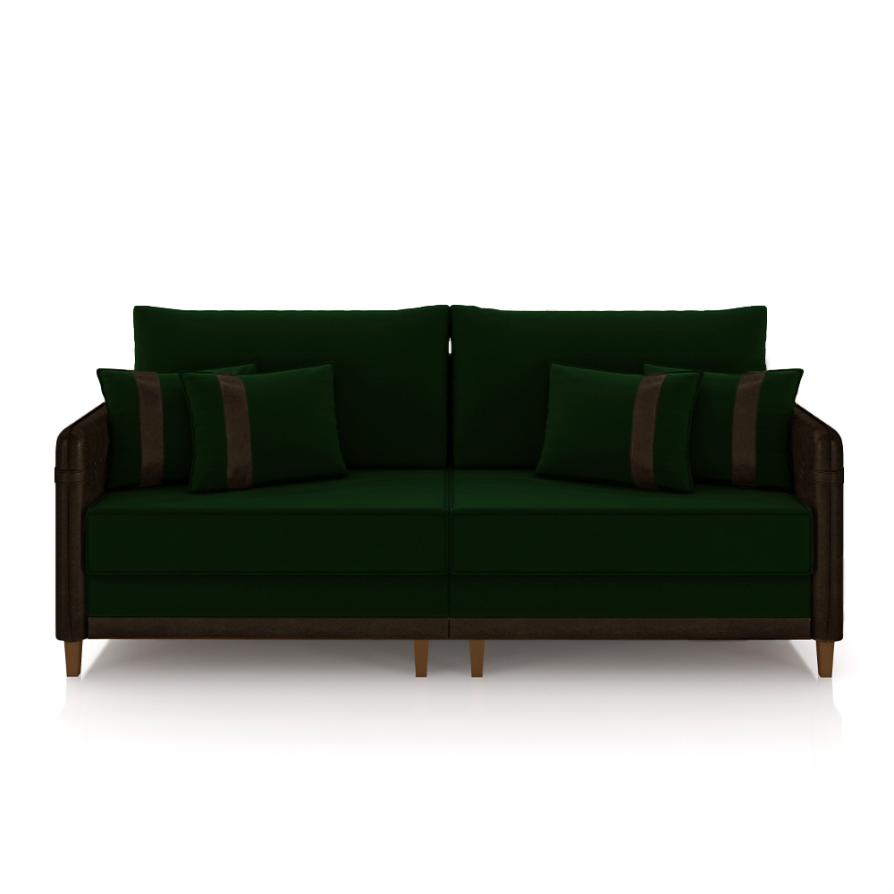 Sofá Living Montecarlo 3 Lugares Bipartido 232cm Pés em Madeira Veludo/PU Verde/Marrom G33 - Gran Belo