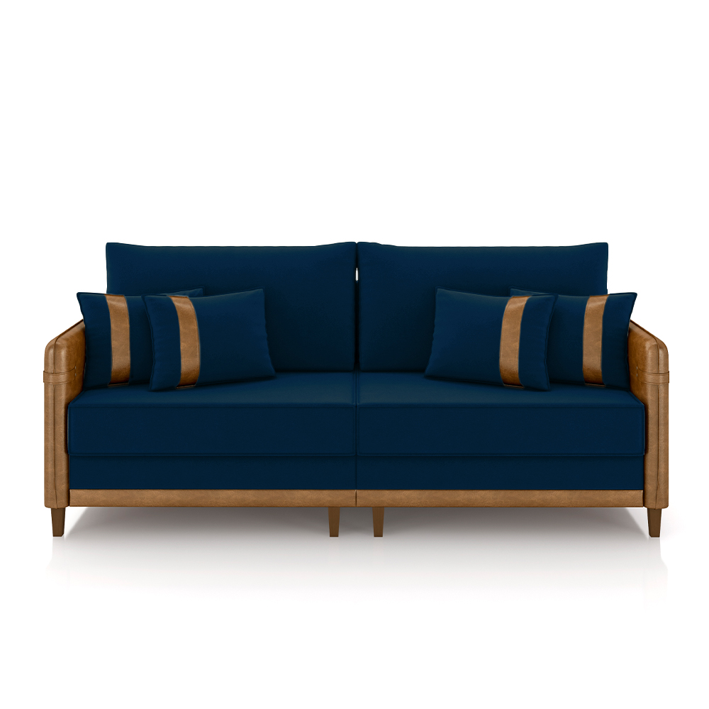 Sofá Living Montecarlo 3 Lugares Bipartido 252cm Pés em Madeira Veludo/PU Azul/Caramelo G33 - Gran Belo