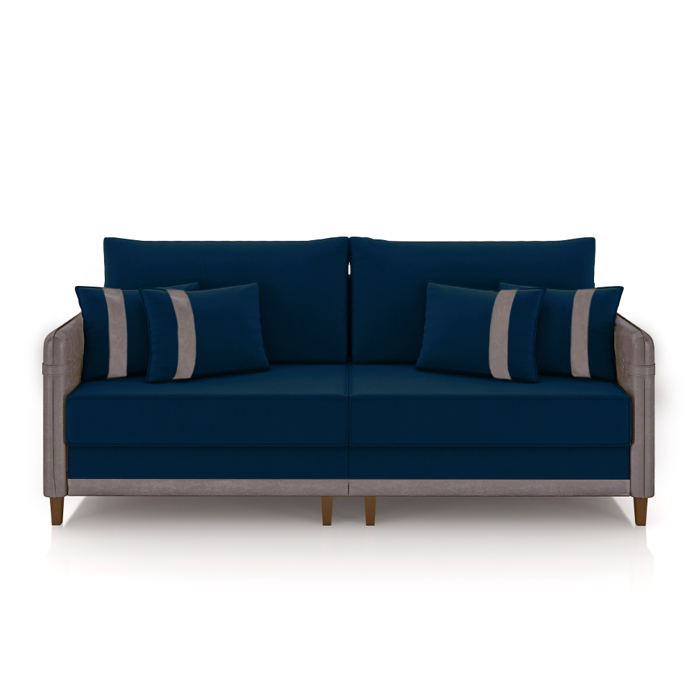 Sofá Living Montecarlo 3 Lugares Bipartido 252cm Pés em Madeira Veludo/PU Azul/Cinza G33 - Gran Belo