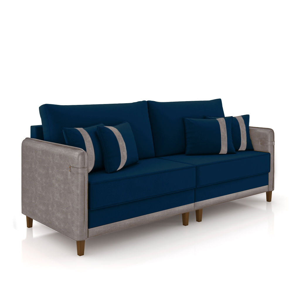 Sofá Living Montecarlo 3 Lugares Bipartido 252cm Pés em Madeira Veludo/PU Azul/Cinza G33 - Gran Belo