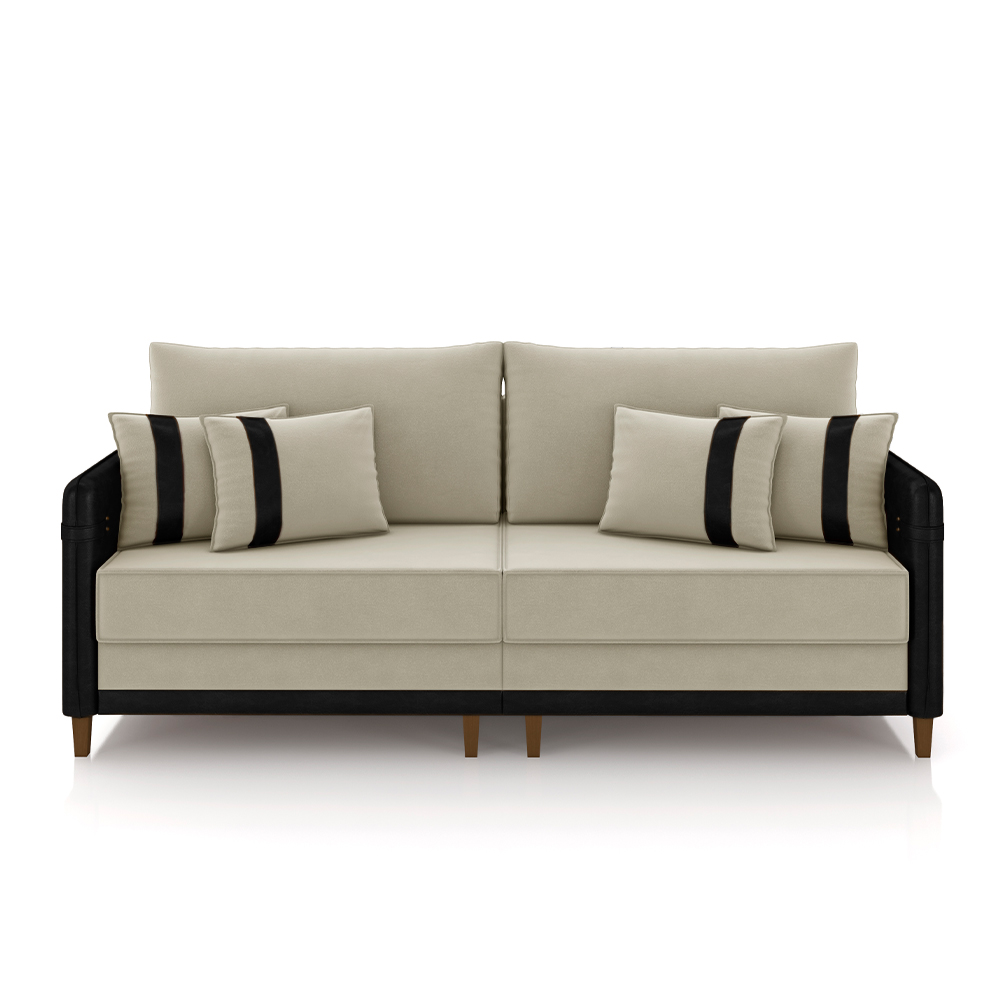 Sofá Living Montecarlo 3 Lugares Bipartido 252cm Pés em Madeira Veludo/PU Bege/Preto G33 - Gran Belo