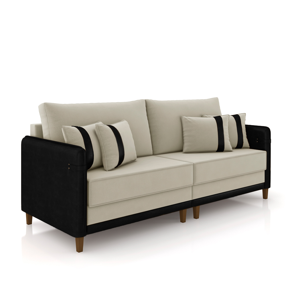 Sofá Living Montecarlo 3 Lugares Bipartido 252cm Pés em Madeira Veludo/PU Bege/Preto G33 - Gran Belo