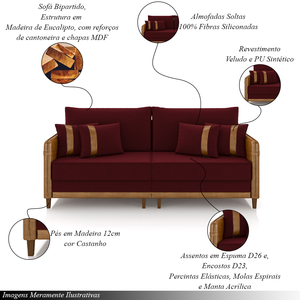 Sofá Living Montecarlo 3 Lugares Bipartido 252cm Pés em Madeira Veludo/PU Bordô/Caramelo G33 - Gran Belo