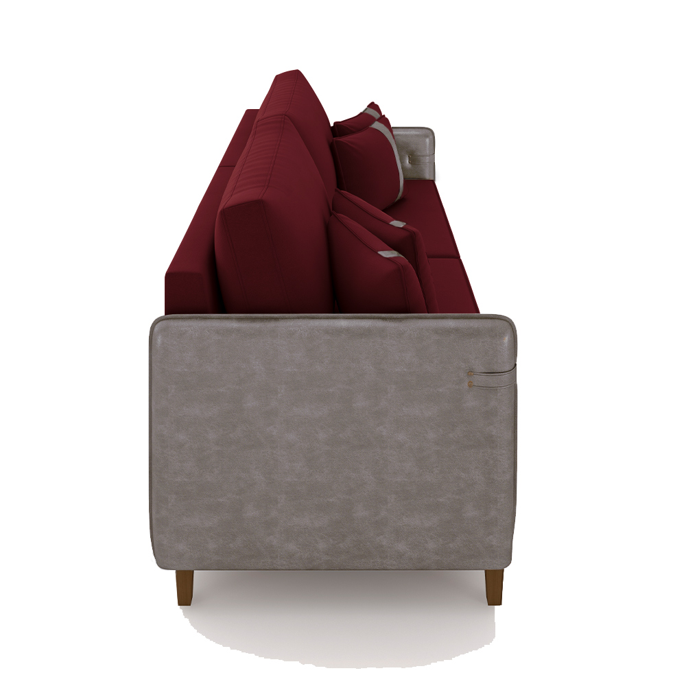 Sofá Living Montecarlo 3 Lugares Bipartido 252cm Pés em Madeira Veludo/PU Bordô/Cinza G33 - Gran Belo