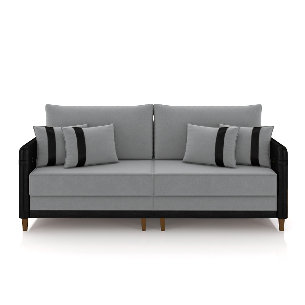 Sofá Living Montecarlo 3 Lugares Bipartido 252cm Pés em Madeira Veludo/PU Cinza/Preto G33 - Gran Belo