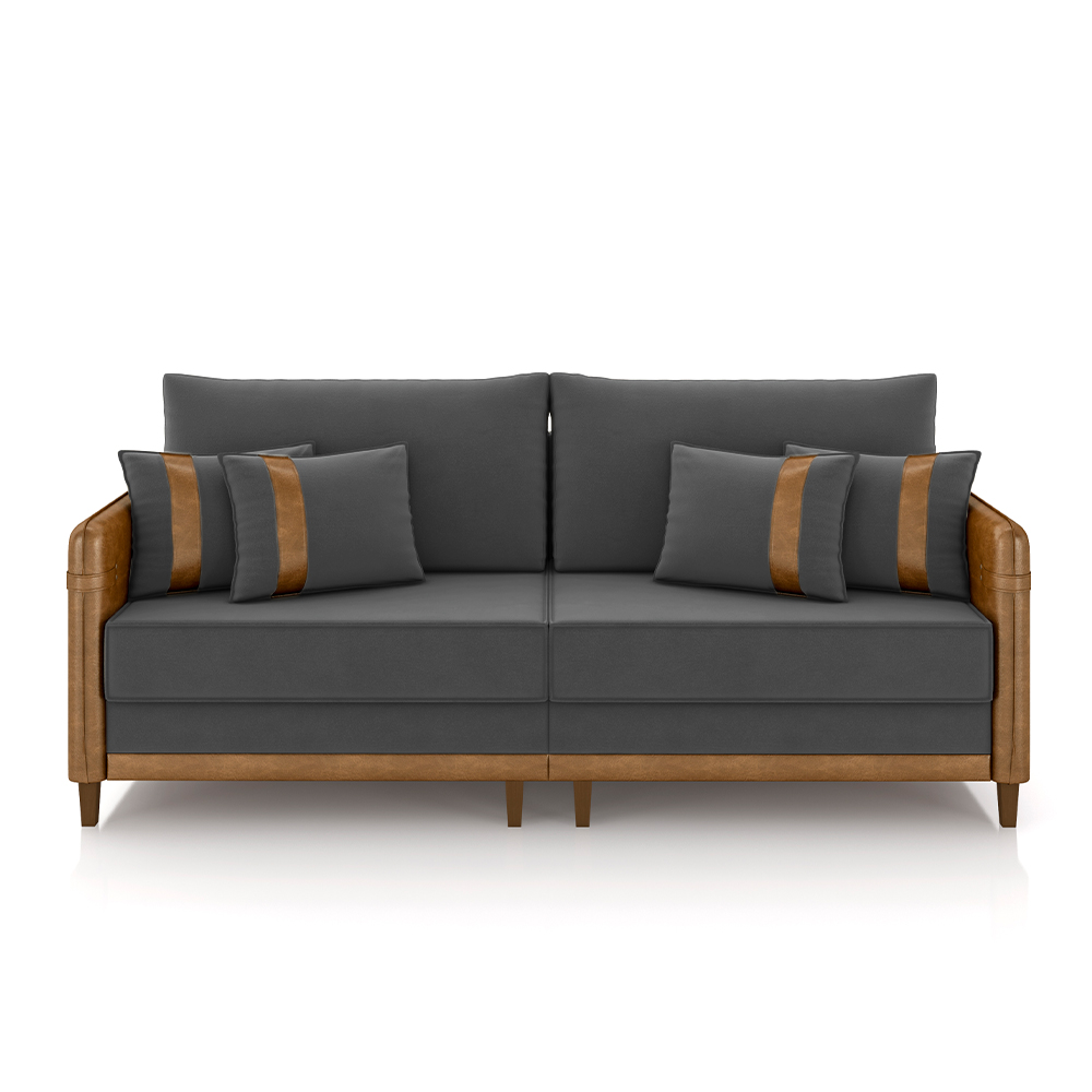 Sofá Living Montecarlo 3 Lugares Bipartido 252cm Pés em Madeira Veludo/PU Grafite/Caramelo G33 - Gran Belo