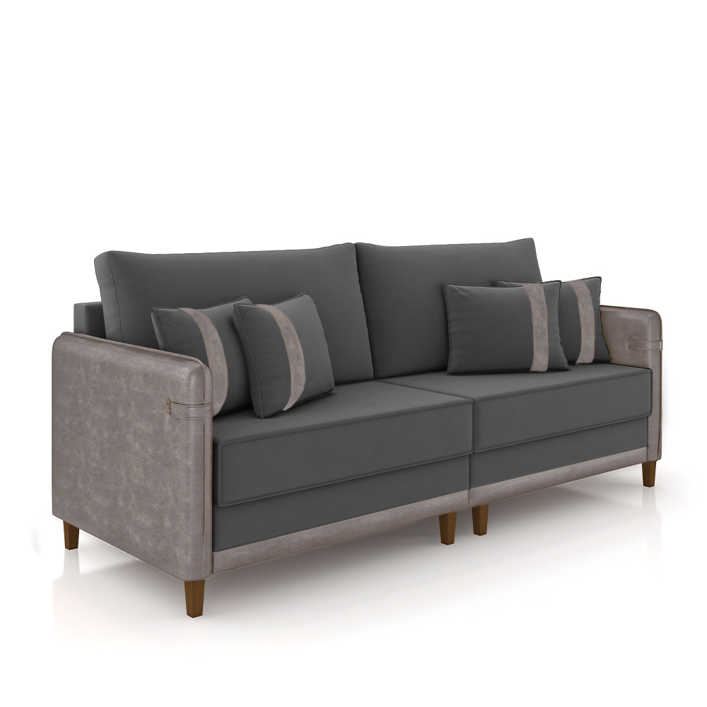 Sofá Living Montecarlo 3 Lugares Bipartido 252cm Pés em Madeira Veludo/PU Grafite/Cinza G33 - Gran Belo