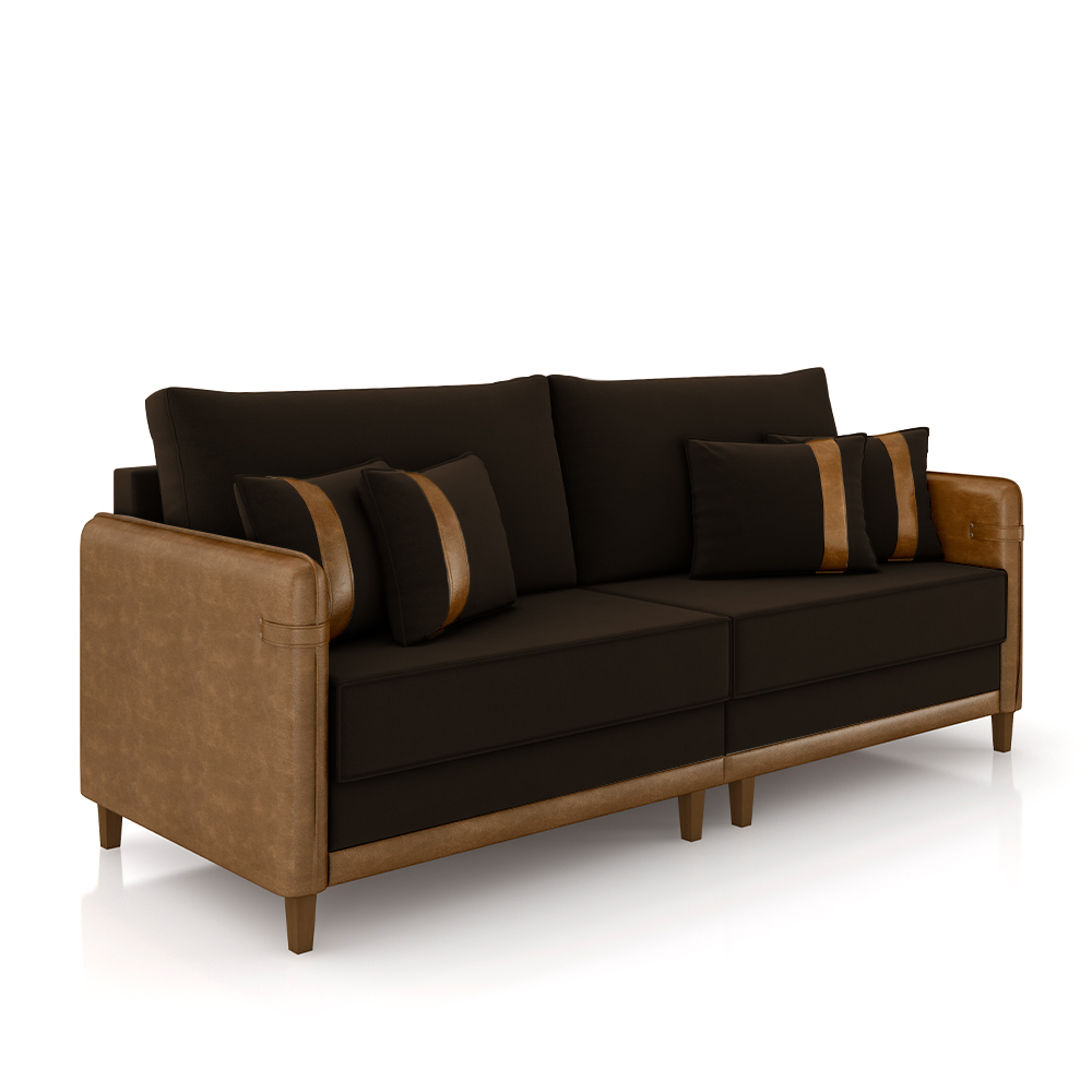 Sofá Living Montecarlo 3 Lugares Bipartido 252cm Pés em Madeira Veludo/PU Marrom/Caramelo G33 - Gran Belo