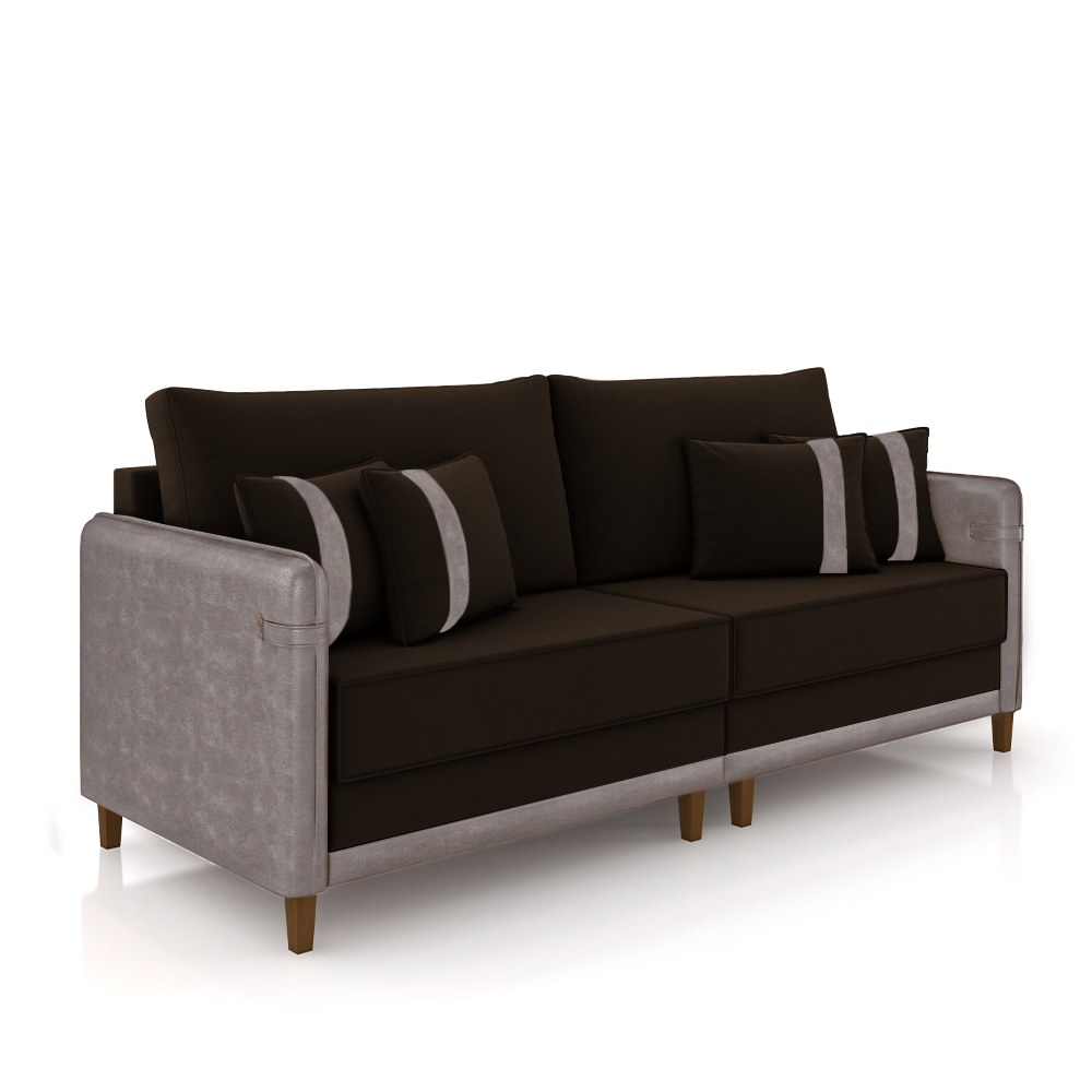 Sofá Living Montecarlo 3 Lugares Bipartido 252cm Pés em Madeira Veludo/PU Marrom/Cinza G33 - Gran Belo