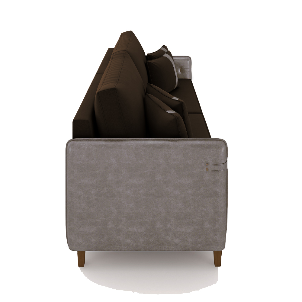 Sofá Living Montecarlo 3 Lugares Bipartido 252cm Pés em Madeira Veludo/PU Marrom/Cinza G33 - Gran Belo