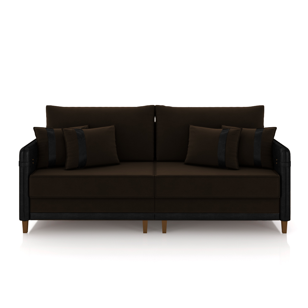 Sofá Living Montecarlo 3 Lugares Bipartido 252cm Pés em Madeira Veludo/PU Marrom/Preto G33 - Gran Belo
