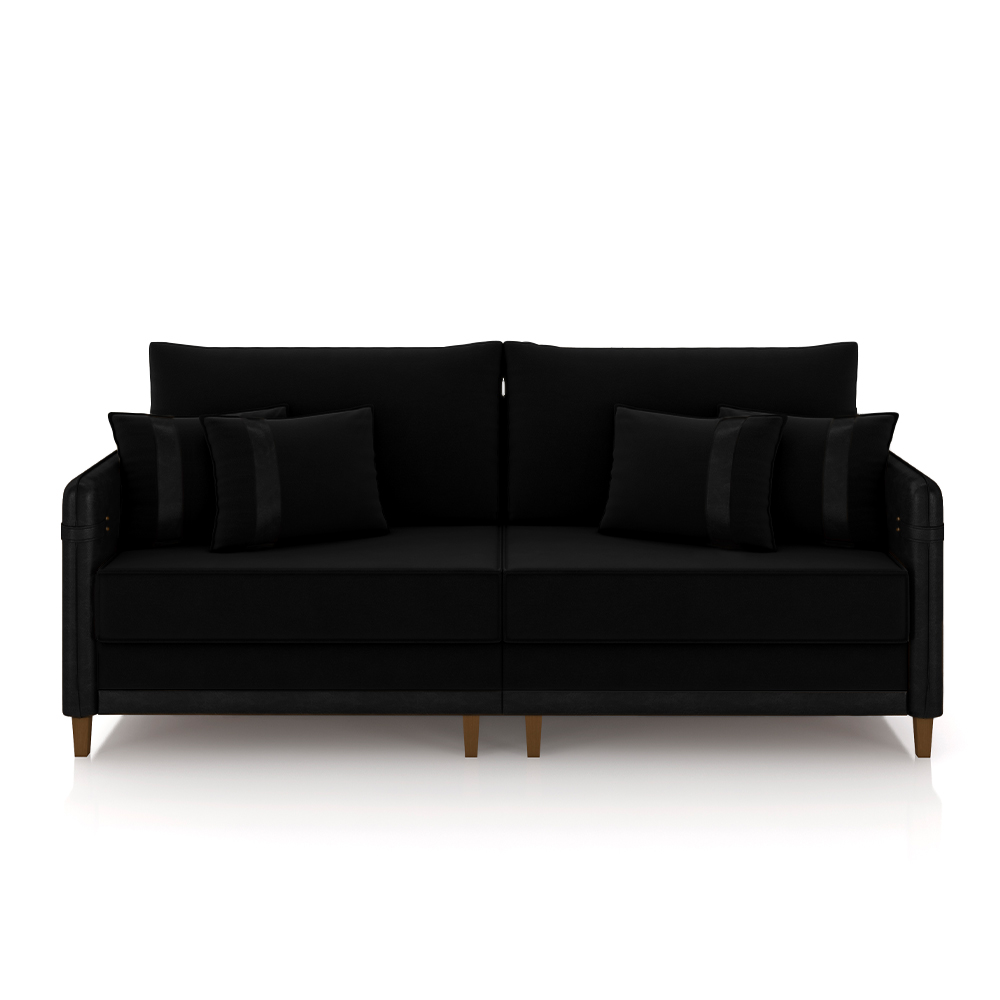 Sofá Living Montecarlo 3 Lugares Bipartido 252cm Pés em Madeira Veludo/PU Preto G33 - Gran Belo