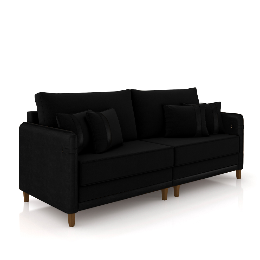 Sofá Living Montecarlo 3 Lugares Bipartido 252cm Pés em Madeira Veludo/PU Preto G33 - Gran Belo