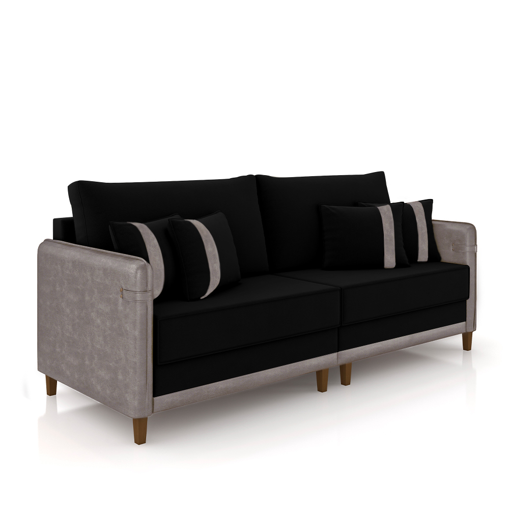 Sofá Living Montecarlo 3 Lugares Bipartido 252cm Pés em Madeira Veludo/PU Preto/Cinza G33 - Gran Belo