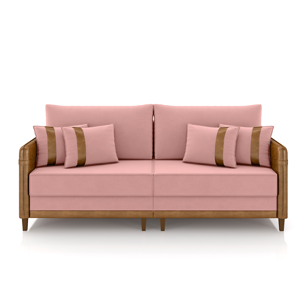 Sofá Living Montecarlo 3 Lugares Bipartido 252cm Pés em Madeira Veludo/PU Rosê/Caramelo G33 - Gran Belo