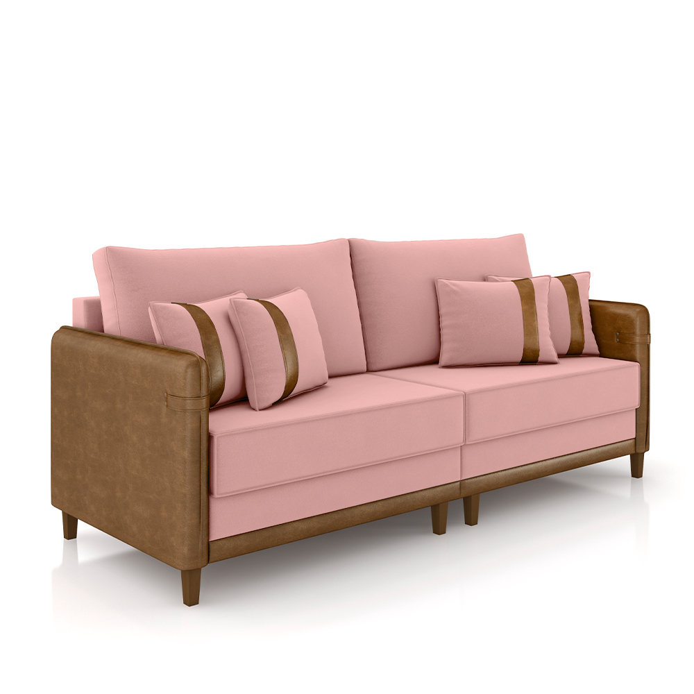 Sofá Living Montecarlo 3 Lugares Bipartido 252cm Pés em Madeira Veludo/PU Rosê/Caramelo G33 - Gran Belo