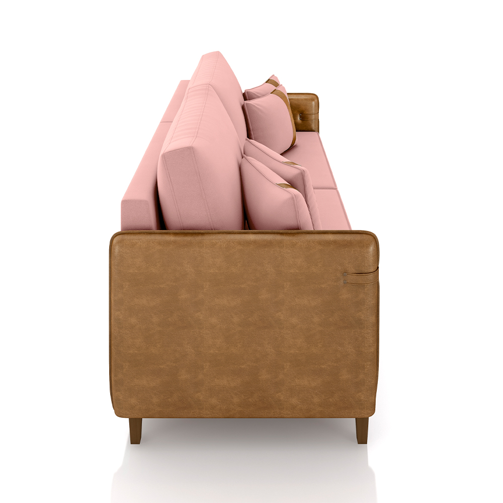 Sofá Living Montecarlo 3 Lugares Bipartido 252cm Pés em Madeira Veludo/PU Rosê/Caramelo G33 - Gran Belo