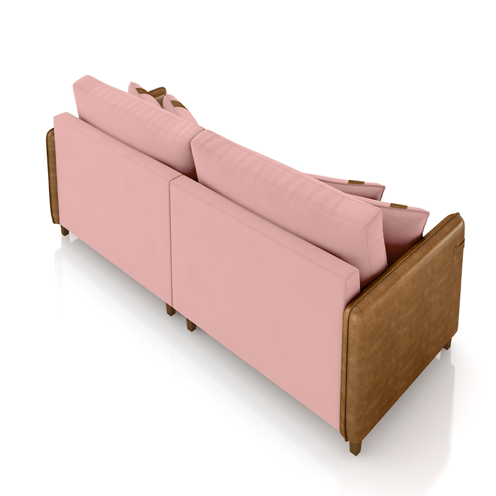 Sofá Living Montecarlo 3 Lugares Bipartido 252cm Pés em Madeira Veludo/PU Rosê/Caramelo G33 - Gran Belo