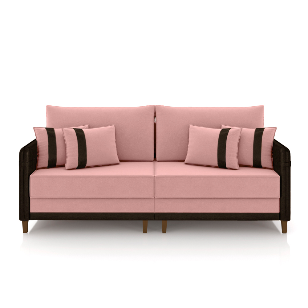 Sofá Living Montecarlo 3 Lugares Bipartido 252cm Pés em Madeira Veludo/PU Rosê/Marrom G33 - Gran Belo