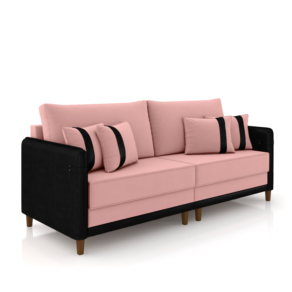 Sofá Living Montecarlo 3 Lugares Bipartido 252cm Pés em Madeira Veludo/PU Rosê/Preto G33 - Gran Belo