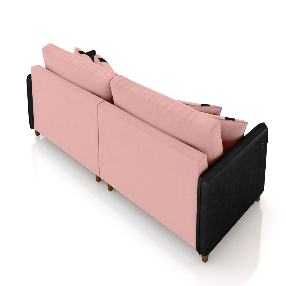 Sofá Living Montecarlo 3 Lugares Bipartido 252cm Pés em Madeira Veludo/PU Rosê/Preto G33 - Gran Belo
