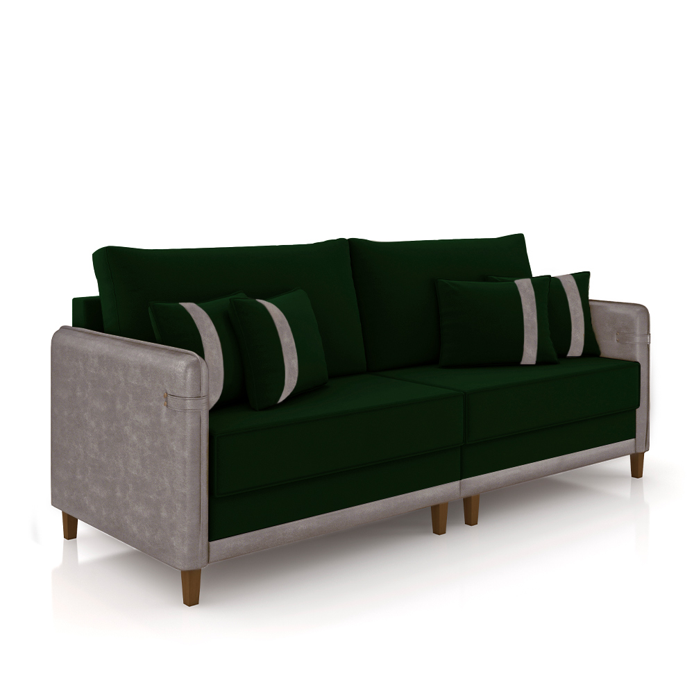 Sofá Living Montecarlo 3 Lugares Bipartido 252cm Pés em Madeira Veludo/PU Verde/Cinza G33 - Gran Belo