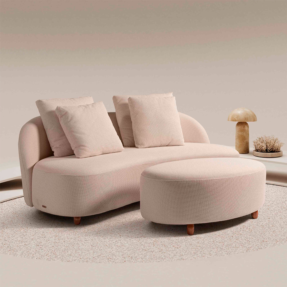 Sofá Living Sala de Estar Rocca 192cm com Puff Pés Madeira Linho Rústico Nude G92 - Gran Belo