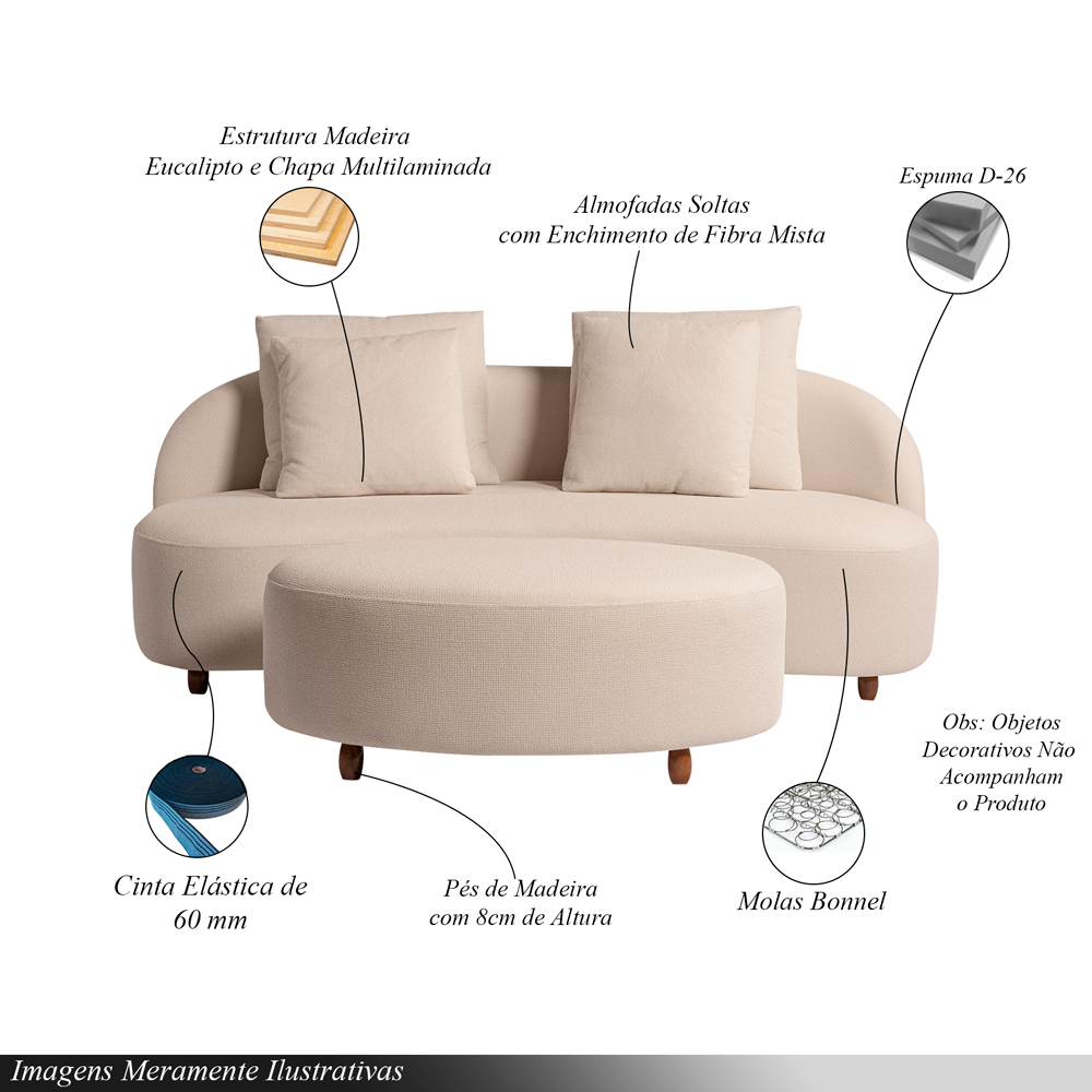 Sofá Living Sala de Estar Rocca 192cm com Puff Pés Madeira Linho Rústico Nude G92 - Gran Belo