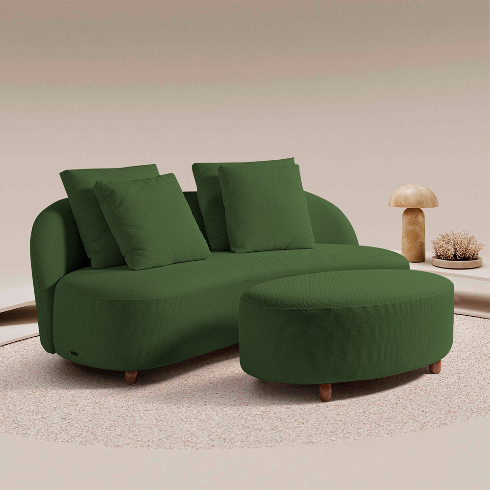 Sofá Living Sala de Estar Rocca 212cm com Puff Pés Madeira Linho Rústico Verde Musgo G92 - Gran Belo