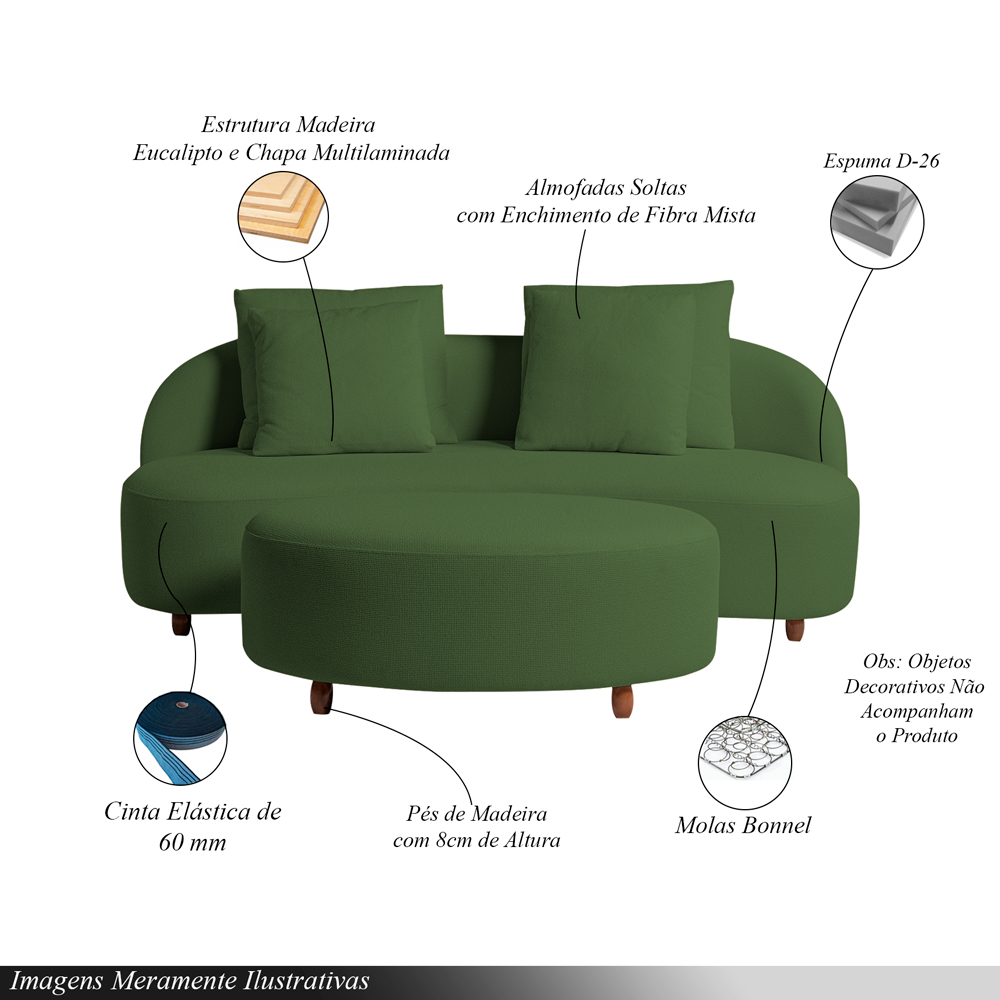 Sofá Living Sala de Estar Rocca 212cm com Puff Pés Madeira Linho Rústico Verde Musgo G92 - Gran Belo
