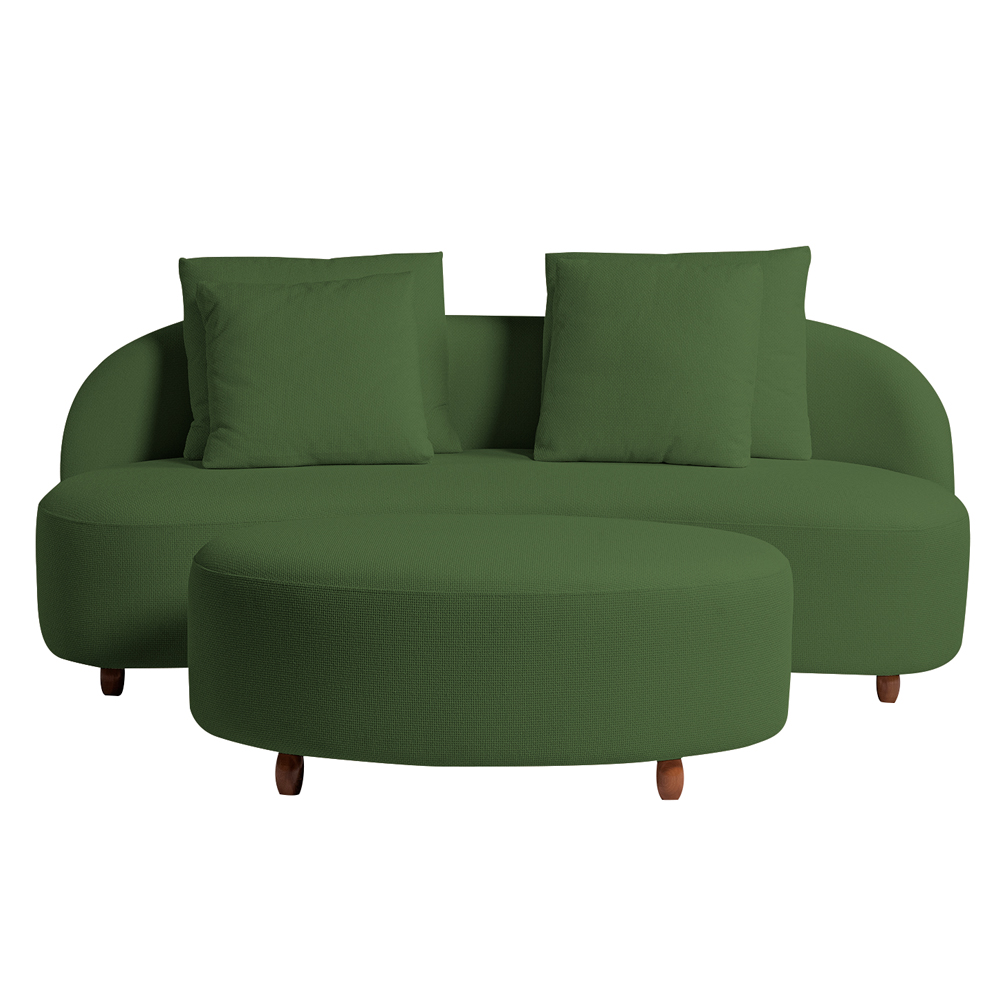 Sofá Living Sala de Estar Rocca 212cm com Puff Pés Madeira Linho Rústico Verde Musgo G92 - Gran Belo
