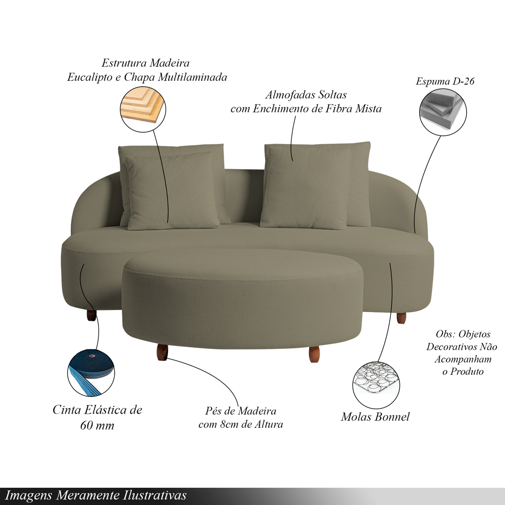 Sofá Living Sala de Estar Rocca 232cm com Puff Pés Madeira Linho Rústico Castor G92 - Gran Belo