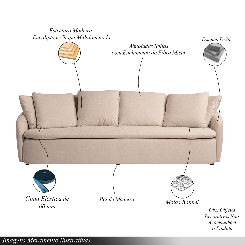 Sofá Living Sala de Estar Toscana 270cm 3 Lugares Veludo Luxo Bege G92 - Gran Belo