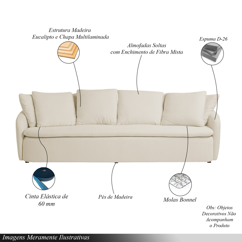Sofá Living Sala de Estar Toscana 270cm 3 Lugares Veludo Luxo Off White G92 - Gran Belo
