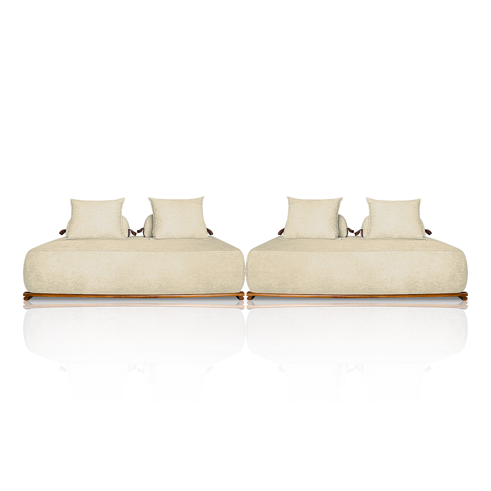 Sofá Modulado 5 Lugares com Almofadas Soltas Pés Madeira Maciça 320cm Homer Bouclê Bege G63 - Gran Belo