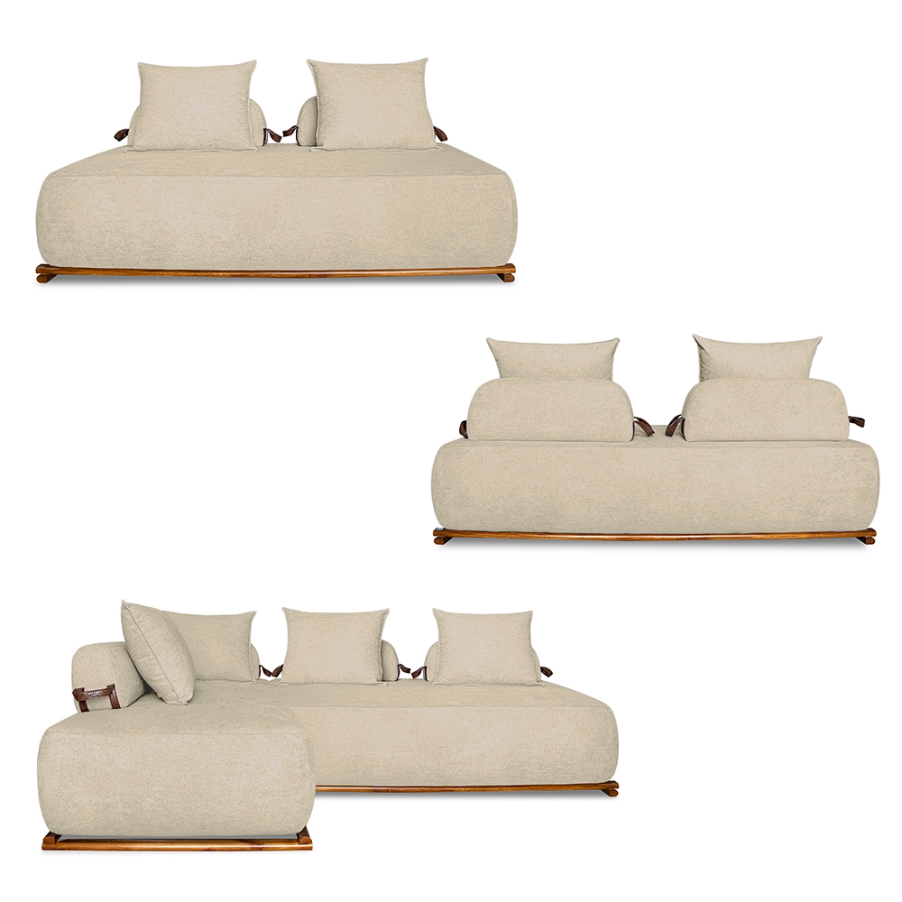 Sofá Modulado 5 Lugares com Almofadas Soltas Pés Madeira Maciça 320cm Homer Bouclê Bege G63 - Gran Belo