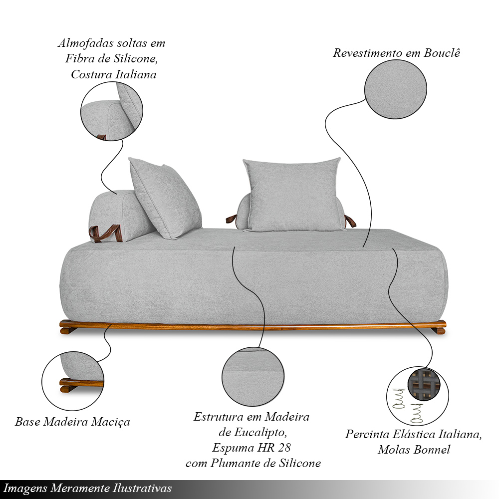 Sofá Modulado 6 Lugares com Almofadas Soltas Pés Madeira Maciça 360cm Homer Bouclê Cinza G63 - Gran Belo